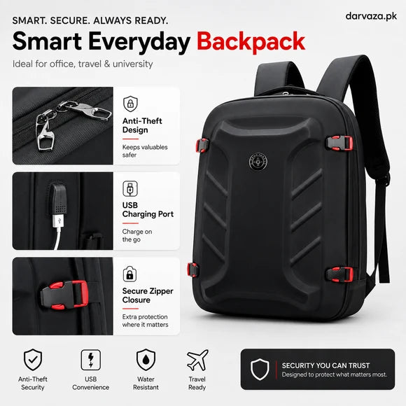 Black with Red Bag Pack with USB Port and Anti-Theft